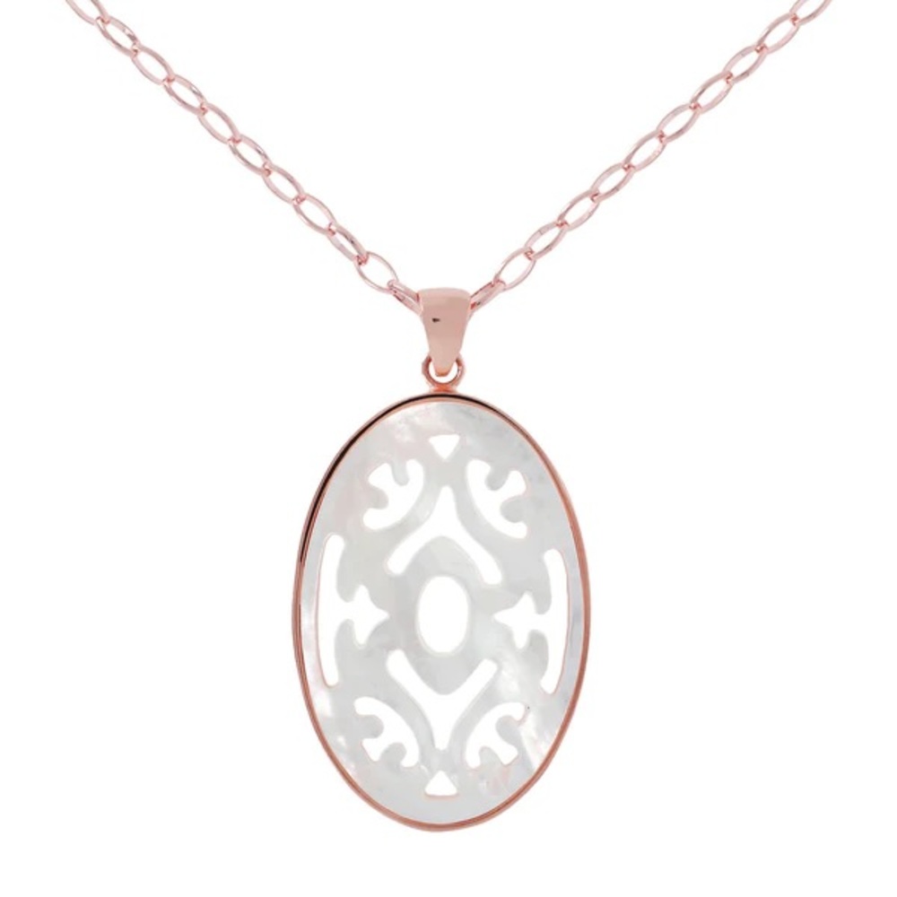 Bronzallure 18K Rose Plated Carved Mother of Pearl Pendant, 36” Chain